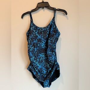 Speedo Women's One Piece Swimsuit Ruched Blue Black‎ Leopard Print Size 14